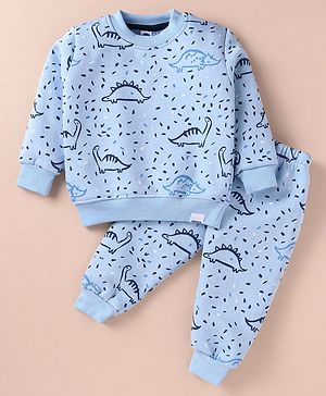 Teddy Fleece Knit Full Sleeves Winter Wear Night Suit with Dino  Print - Light Blue