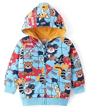 Babyhug Cotton Knit Full Sleeves Front Open Hooded Sweatjacket with Animals Print & Kangaroo Pockets - Blue