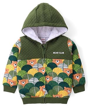 Babyhug Cotton Knit Full Sleeves Front Open Hooded Sweatjacket with Quilted Design & Bear Print - Olive Green