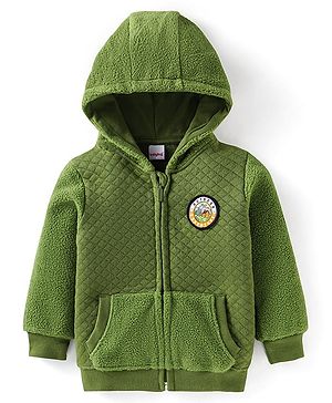 Babyhug Cotton Knit Full Sleeves Hooded Sweat Jacket With Text Badge & Kangaroo Pockets - Green