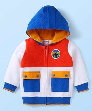 Babyhug Fleece Knit Full Sleeves Hooded Sweat Jacket With Colour Block Design & Text Patch - White