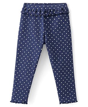 Babyhug Cotton Lycra Full Length Leggings With Polka Dot Print & Frill Detailing - Navy Blue