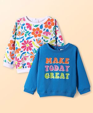 Babyhug Cotton Knit Full Sleeves Sweatshirts With Text & Floral Graphics Pack of 2 - Blue & White