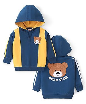 Babyhug Cotton Knit Full Sleeves Hooded Sweatshirt with Cut & Sew Design & Front Back Bear Embroidery - Blue