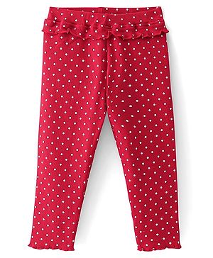 Babyhug Cotton Lycra Full Length Leggings With Polka Dot Print & Frill Detailing - Pink