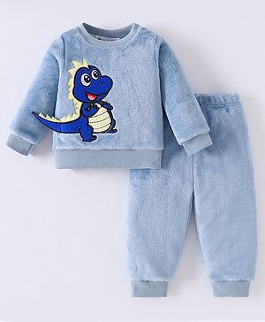 Kookie Kids Full Sleeves Winter Night Suit With Dino Applique - Light Blue