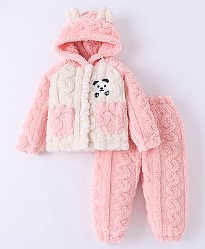 Kookie Kids Full Raglan Sleeves Hooded Front Open Winter Wear Night Suit With Teddy Applique - Pink