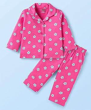 Babyhug Cotton Knit  Full Sleeves Floral Printed Night Suit - Dark Pink