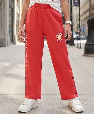 Pine Kids Knit Full Length Lounge Pant With Floral & Text Print - Red