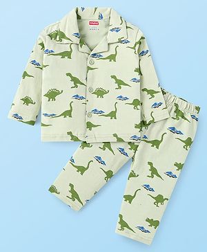 Babyhug Cotton Knit Full Sleeves Dino Printed Night Suit - Light Green