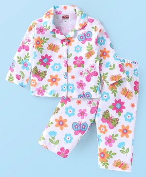 Babyhug Cotton Knit Full Sleeves Collar Neck Night Suit with Floral Print - White