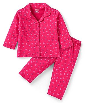 Babyhug Cotton Knit Full Sleeves Heart Printed Night Suit - Dark Pink