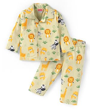 Babyhug Cotton Knit Full Sleeves Collar Neck Night Suit with Animals Print - Light Green