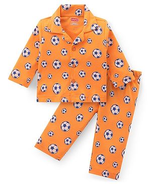 Babyhug Cotton Knit Full Sleeves Night Suit With Footballs Print - Orange