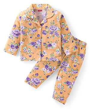 Babyhug Cotton Knit Full Sleeves Floral Printed Night Suit - Peach