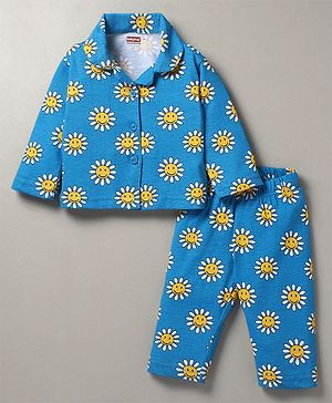 Babyhug Cotton Woven Full Sleeves Night Suit Dino Print - Blue
