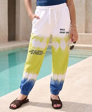 Pine Kids Cotton Knit Full Length Lounge Pant with Text Print & Ombre Effect - White