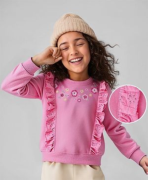 Babyhug Cotton Knit Full Sleeves Pullover Sweatshirt with Floral Embroidery & Frill Detailing - Pink