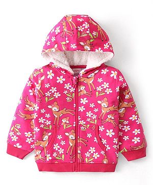 Babyhug Cotton Knit Full Sleeves Front Open Hooded Sweatjacket with Deer Print & Kangaroo Pockets - Pink