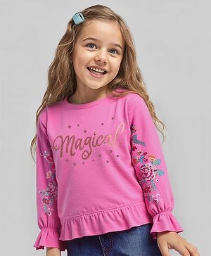 Babyhug Cotton Knit Full Peasant Sleeves Sweatshirt With Floral Embroidery & Foil Print - Dark Pink