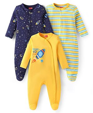 Babyhug Cotton Knit Full Sleeves Sleep Suits With Space Theme Print Pack of 3 - Yellow Navy Blue & Green