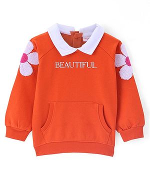 Babyhug Cotton Knit Full Sleeves Floral & Text Printed Collared Sweatshirt with Kangaroo Pockets - Dark Orange