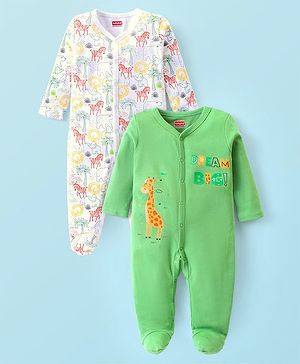 Babyhug Cotton Knit Full Sleeves Footed Sleep Suits with Animal Print Pack of 2 - Green & White