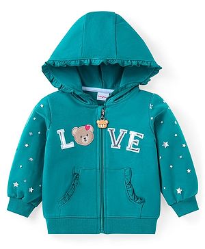 Babyhug Cotton Knit Full Sleeves Hooded Sweatjacket with Text & Bear Embroidery - Teal Blue