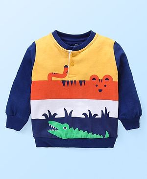 Doodle Poodle 100% Cotton Light Weight Looper Knit Full Sleeves Henley Neck Sweatshirt with Animals Print - Navy Blue