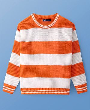 Pine Kids Knitted Full Sleeves Pullover Sweater With Stripes Design - Orange & White