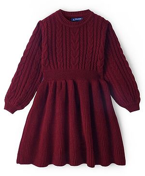 Pine Kids Knit Full Sleeves Woolen Dress with Cable Knit Design - Maroon