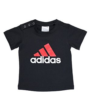 Adidas Kids Cotton Knit Half Sleeves T-Shirt  & Shorts With Logo Print - Black & Red