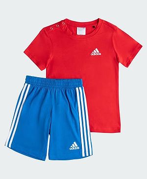 Adidas Kids Cotton Knit Half Sleeves T-Shirt & Shorts With Logo Print - Red & Blue