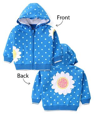 Babyhug Cotton Knit Full Sleeves Front Open Hooded Sweatjacket with Polka Dots Print & Floral Embroidery - Blue