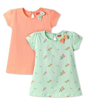 Babyhug Single Jersey Knit Half Sleeves A Line Frocks with Bow Applique Pack of 2 - Peach & Mint