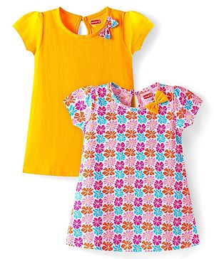 Babyhug Single Jersey Knit Half Sleeves Dresses With Floral Print & Bow Applique Pack of 2 - Yellow & Pink