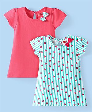 Babyhug Single Jersey Knit Half Sleeves Dresses With Fruit Print & Bow Applique Pack of 2 - Dark Pink & Light Blue