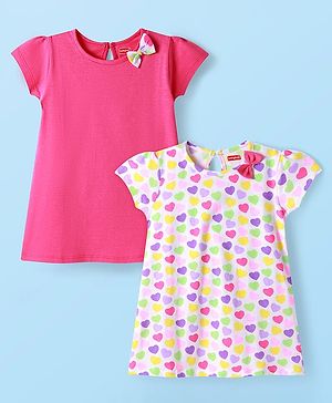 Babyhug Single Jersey Knit Half Sleeves Dresses With Heart Print & Bow Applique Pack of 2 - Dark Pink & White