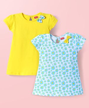Babyhug Single Jersey Knit Half Sleeves Solid & Floral Printed A Line Frocks with Bow Applique Pack of 2 - Yellow & Light Blue