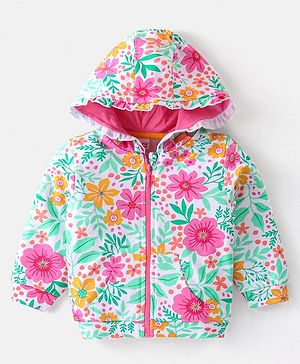 Babyhug Cotton Knit Full Sleeves Front Open Hooded Sweatjacket with Floral Print & Kangaroo Pockets - Pink