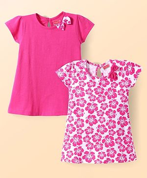 Babyhug Single Jersey Knit Half Sleeves Solid & Floral Printed A Line Frocks with Bow Applique Pack of 2 - Dark Pink & White