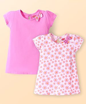 Babyhug Single Jersey Knit Half Sleeves Solid & Floral Printed A Line Frocks with Bow Applique Pack of 2 - Pink & White