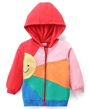 Babyhug Cotton Knit Full Sleeves Hooded Cut & Sew Sweatjacket - Red &  Pink