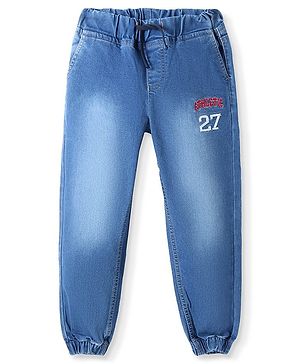 Pine Kids Full Length Washed Denim Jeans with Text Embroidery - Blue
