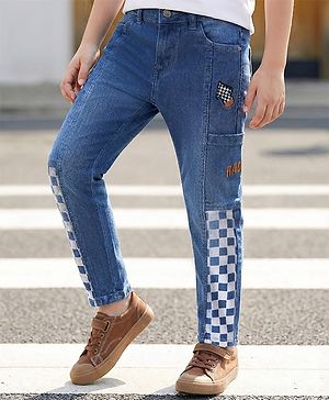 Pine Kids Full Length Washed Denim Jeans with Text Embroidery & Cut & Sew Design - Blue