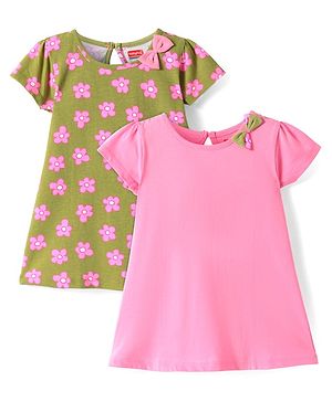 Babyhug Single Jersey Knit Half Sleeves Dresses With Floral Print & Bow Applique Pack of 2 - Olive Green & Pink