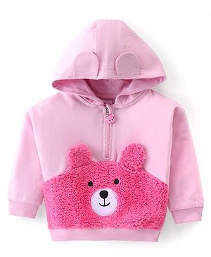 Babyhug Cotton Knit Full Sleeves Hooded Sweatshirt with Bear Embroidery & Ears Applique - Pink