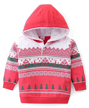 Babyhug Cotton Knit Full Sleeves Hooded Sweatshirt With Reindeer Design - Pink & White