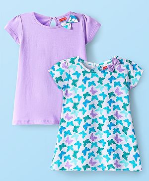 Babyhug Single Jersey Knit Half Sleeves Dresses With Butterfly Print & Bow Applique Pack of 2 - Mauve & Blue