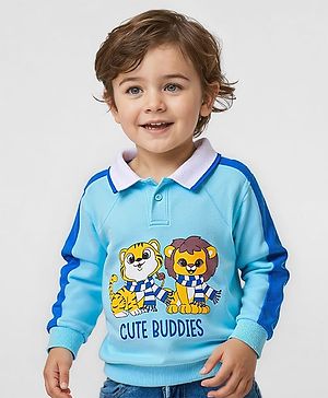 Babyhug Cotton Knit Full Raglan Sleeves Collar Neck Sweatshirt with Tiger Print - Blue